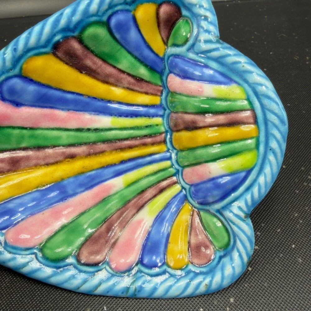Vintage Enameled Metal Seashell Trinket Dish Multi Color Scallop Shell Tray Dish